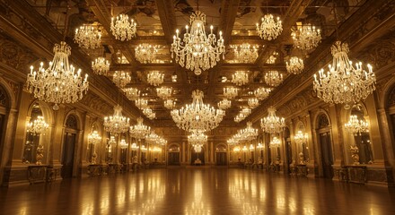 Obraz premium Crystal chandeliers illuminate grand ballroom's gilded ceiling