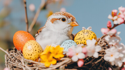 Sparrow in Nest with Colorful Eggs