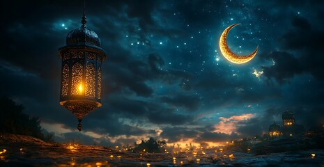Obraz premium Glowing Lantern Hanging Against a Starry Night with Crescent Moonlight