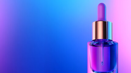 Vibrant dropper bottle with purple liquid against a gradient blue and pink background