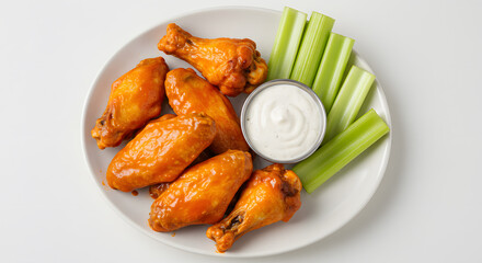 Buffalo chicken wings with ranch dressing and celery sticks on a crisp white background.