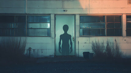 The ominous shadow of an alien figure appears in the windows of a mysterious clandestine building at the highly secretive area military facility. Secretive - Doorway. Illustration