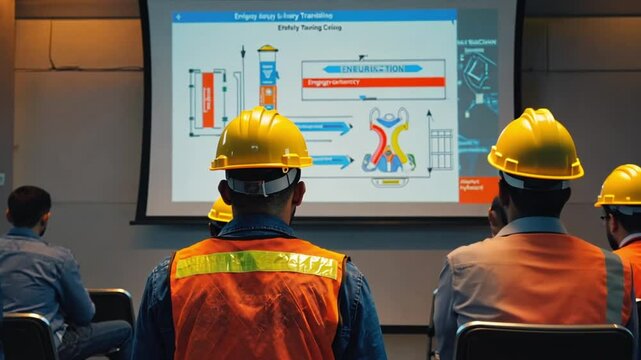 Industrial workers in safety vests and helmets attend a training session on machinery operation. Concept of workforce training, professional development, and industrial education.