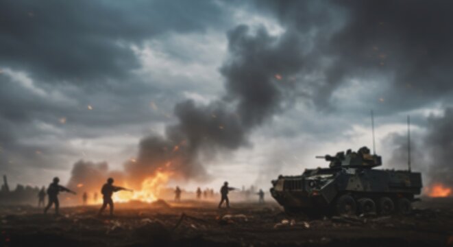 Dramatic battlefield scene with soldiers, tank, and explosions under stormy sky. War concept. Cinematic military action for video game or movie poster design