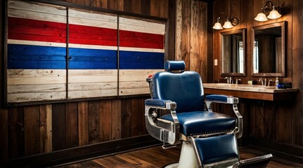 Fototapeta premium Vintage Barbershop Chair with Rustic Wood Decor
