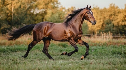 Chestnut stallion running in a field at sunset.