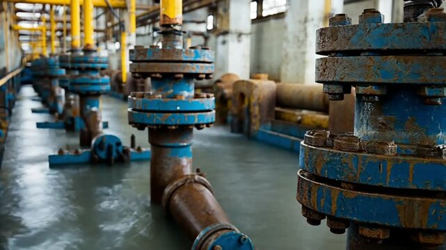 A row of large blue industrial pipelines with rust and corrosion runs through an aging factory facility. Concept of industrial infrastructure, manufacturing decay, and factory maintenance.