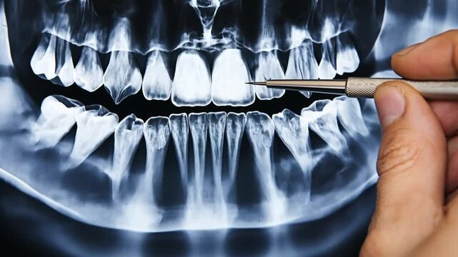 A digital X-ray image of a human mouth with a professional indicating a specific tooth issue. Concept of radiology, diagnostic imaging, and dentistry.