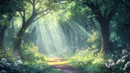 Obraz premium Sunlit path through a lush, vibrant forest with wildflowers.