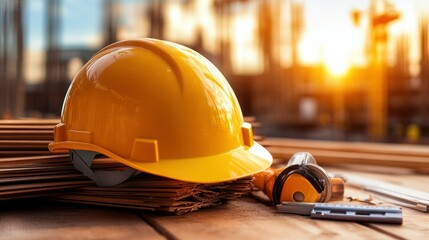 Yellow hardhat on construction site at sunset