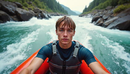 Fototapeta premium Young man with focused gaze navigating a rafting adventure through swirling rapids and rocky outcrops, thrill-seeking concept.