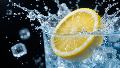 Lemon Splashing Into Glass of Water with Ice Cubes on Black