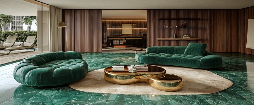 Luxurious living room with emerald green velvet sofas, gold coffee table, and marble floor.