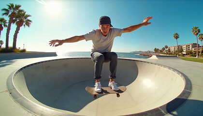 Young man skateboarding with focused expression in a concrete bowl at a scenic skate park, showcasing the thrill of action sports.
