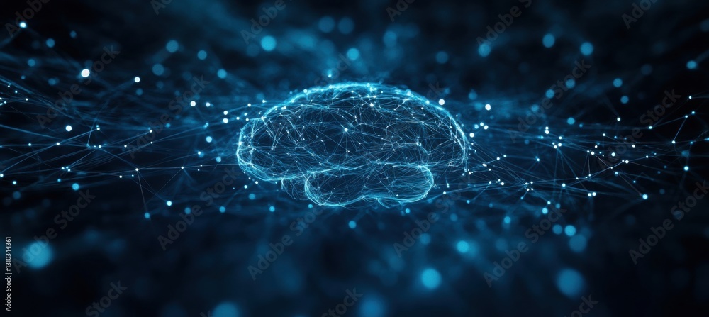 Poster a dark blue background with glowing lines and circles forms an abstract representation of the human 
