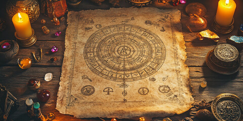 Ancient astrology chart on aged parchment surrounded by candles, crystals, and mystical artifacts. A magical setup for divination, zodiac readings, and esoteric knowledge seekers