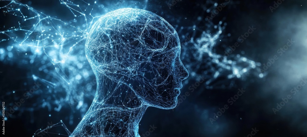Poster abstract illustration of artificial intelligence with neural networks in dark blue on a background g