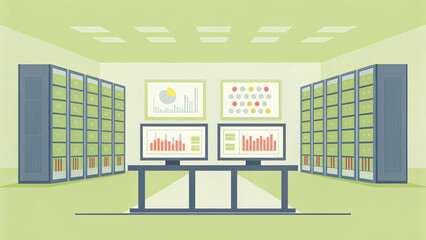 Naklejka premium E-commerce growth for online business, Data center with monitors displaying graphs and charts in a green environment.