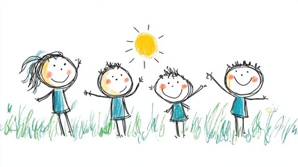Naklejka premium Cheerful Children Drawing Joyful Moments Under a Bright Sun with Lush Green Grass Background