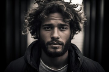 A young man stands in a softly lit environment with a contemplative expression. His curly hair frames his face, while shadows accentuate his features, creating an aura of depth and emotion
