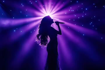 Beautiful female singer silhouette sings on stage in light show 
