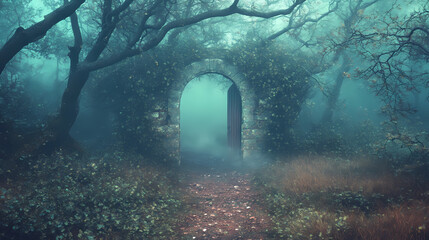 A misty, cursed woodland with twisted trees conceals a secretive trail, steeped in mystery and old legends. cursed enchanted forest. illustration. Secretive - Doorway. Illustration