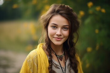 A young woman stands amidst a backdrop of golden foliage, her smile radiating warmth and peace. Her flowing hair and colorful scarf complement the natural beauty around her