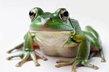 Obraz premium The frog’s textured skin and bright, watchful eyes are magnified in extreme detail against a stark white backdrop.