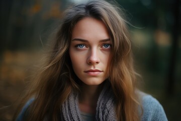 Obraz premium In a peaceful forest, a young woman with wavy hair gazes thoughtfully into the distance. Her intense blue eyes reflect deep emotions as she wears a cozy scarf, surrounded by nature’s tranquility