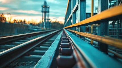 Industrial railway tracks at sunset.