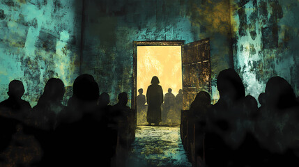 A secretive cult gathering in an abandoned chapel. Secretive - Doorway. Illustration