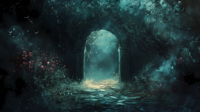 A secretive pathway leads to a forgotten realm, where the air is thick with enchantment and whispers of the past linger in the darkness, generative ai. Secretive - Doorway. Illustration