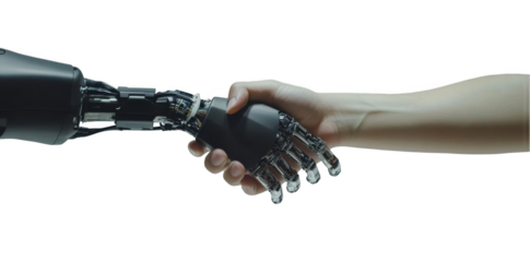 Photo of a human hand and a robot arm shaking hands, isolated on a white background
