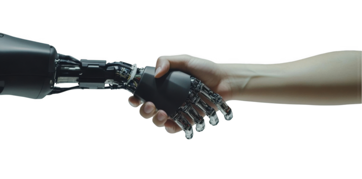 
Photo of a human hand and a robot arm shaking hands, isolated on a white background