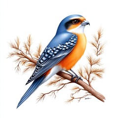 Obraz premium Vibrant Blue and Orange Bird Perched on Branch with Delicate Leaves in Natural Setting
