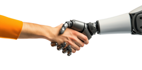 
Photo of a human hand and a robot arm shaking hands, isolated on a white background