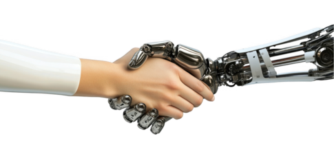 Photo of a human hand and a robot arm shaking hands, isolated on a white background