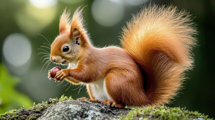 Obraz premium Red Squirrel Eating Nut in Forest