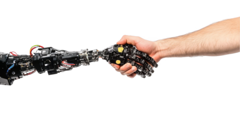 Photo of a human hand and a robot arm shaking hands, isolated on a white background