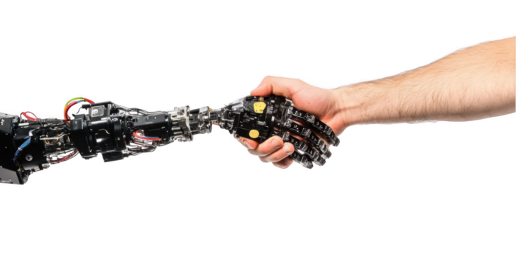 
Photo of a human hand and a robot arm shaking hands, isolated on a white background