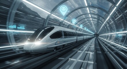 Futuristic high-speed train travels through digital tunnel