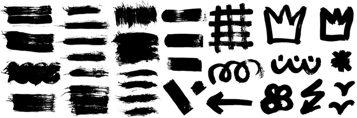 Fototapeta premium Grunge ink brush strokes elements. Black paint brush, stroke, line, grunge. Dirty textures of banners, boxes, frames and design elements. Black grunge brush stroke ink template collection.