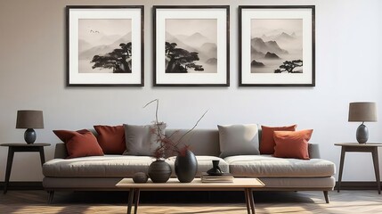 Tranquil Asian landscape prints adorn living room