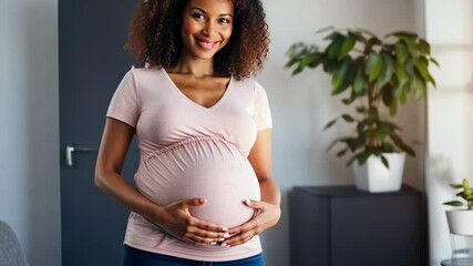 african american pregnant woman stroking her belly in the maternity hospital room, pregnancy, carrying, gestation, clinic, childbirth, expectant mother