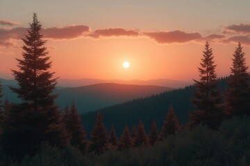 A stunning sunset blankets the mountain range in warm hues, silhouetting tall trees against a vast backdrop of rolling hills