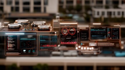 Futuristic dashboard with multiple screens displaying data.