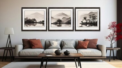 Serene lake landscape triptych, living room decor