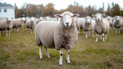 Obraz premium Sheep graze calmly in a lush green meadow, illustrating the harmonious bond between rural life and animals under a bright sky