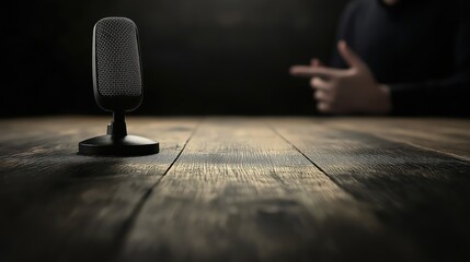 A man is animatedly discussing topics into a microphone within a minimalistic podcast studio. The setting features strong contrasts with front lighting and a dark background, enhancing the focus