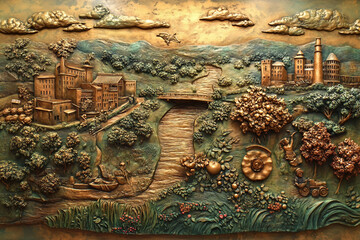 Obraz premium Generative AI Bas-Relief of a Mythological Face Surrounded by Nature Elements in Ancient Artistic Style